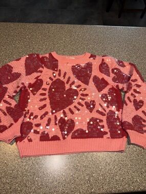 FARM Rio Pink Sweater with Red Sequin Hearts